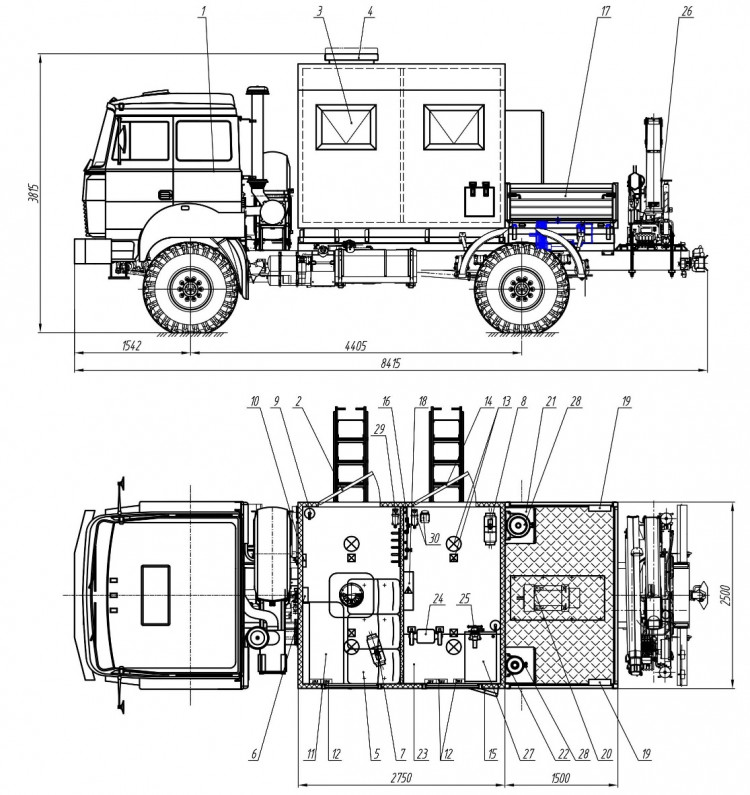 Чертеж: ПАРМ с КМУ ИМ-55 на шасси Урал 43206-80